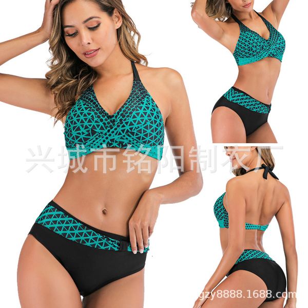 

green 2021 women's grid split large swimsuit bikini, White;black