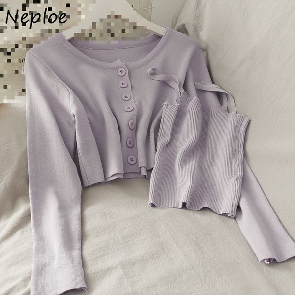 

neploe summer solid sweet simple female suits fuguns camisole and long sleeve cardigans two piece set women 82402 210423, White