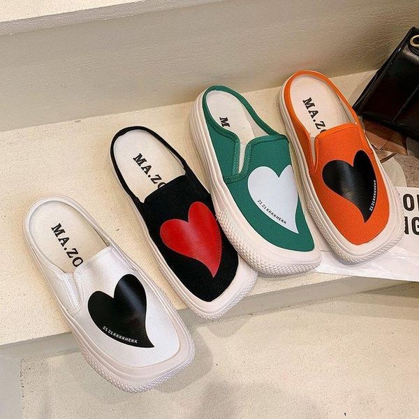 

slippers ugly cute female 2021 spring and summer big-toed shoes square toe canvas women's flat-bottomed half-slippers, Black