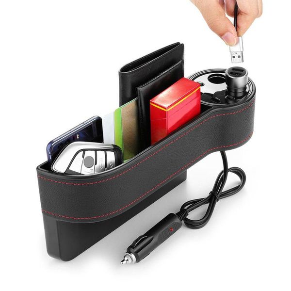 

car organizer seat pu leather side pocket storage with 2 usb chargers and lighters