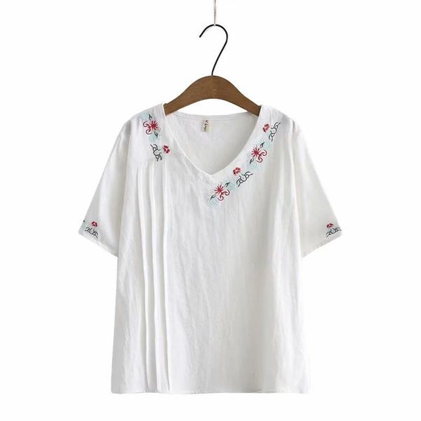 

women's t-shirt plus size v-neck summer women casual short sleeve tshirts vintage full cotton embroidery shirts, White