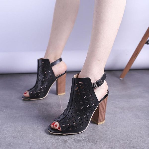 

sandals fashion large size 34-43 women's anti-skid & hard-wearing breathable hollow out thick high heel shoes female 8c28, Black