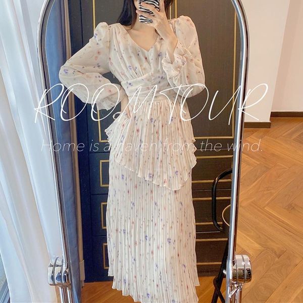 

casual dresses temperament irregular v-neck woman print dress slim waist pleated for women 2021 fresh asymmetrical vestido feminino, Black;gray