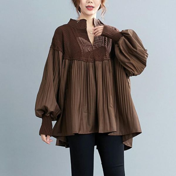 

women's sweaters johnature korean women v-neck patchwork knitting shirts 2021 autumn solid color lantern sleeve female blouses, White;black