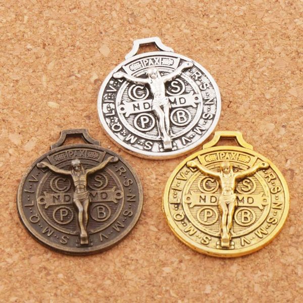 Lega Gesù Benedetto Patrono Medaglia Crocifisso Croce Charms Argento antico / Oro / Bronzo Pendenti 24x21mm L1658 Risultati dei gioielli Componenti 72 pz / lotto