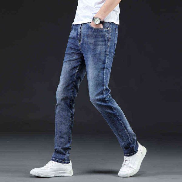 

large spring / summer 2021 elastic cotton jeans men's pants comfortable small straight tube, Blue