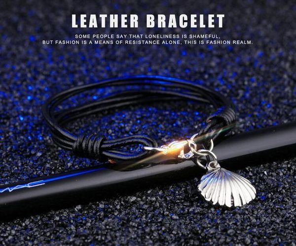 

cuff punk titanium steel shell pendant leather rope bracelet, White
