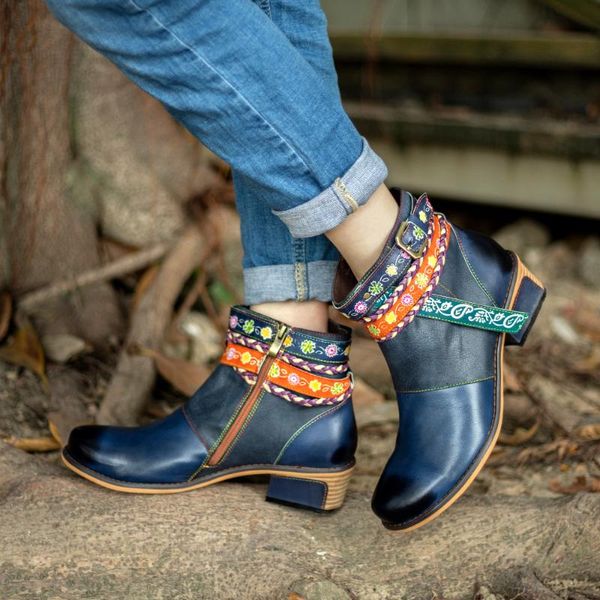 

boots fashion color contrast woven belt super comfortable denim style buckle thick heel low women's, Black