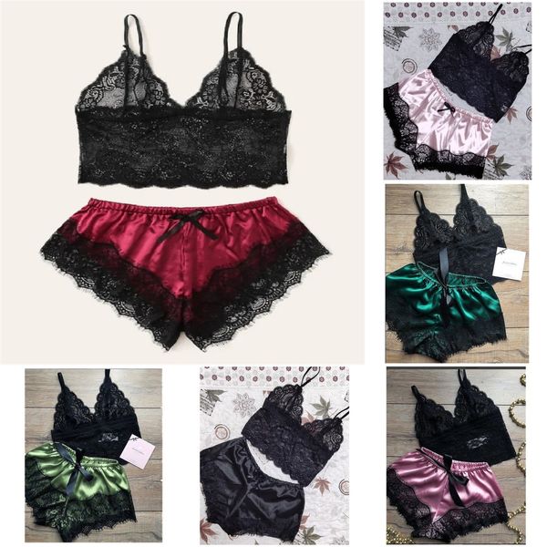 

women lace bow pajama vintage v neck panties underwaist two piece shorts set ladies satin sleeve less lingerie fashion, White