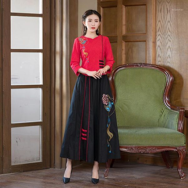 

red yellow pink blue embroidery cotton linen women fashion large size a line skirts retro suit clothes two piece dress, White