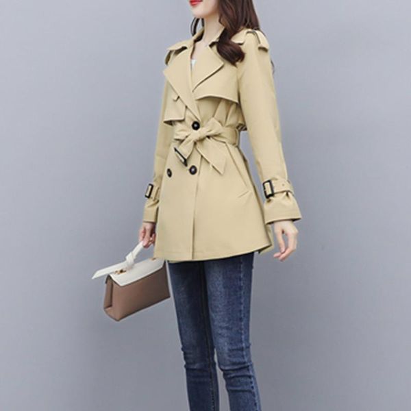 

women's trench coats short coat women 2021 spring autumn cotton windbreaker casual female belt slim double-breasted, Tan;black