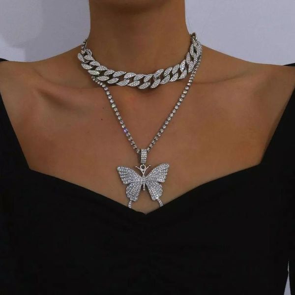 Кулон ожерелья панк многослойное многослойное изложение большие бабочки ожерелье горный хрусталь толстая цепь для женщин колье вечеринка украшения