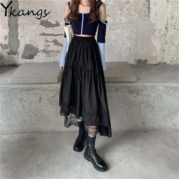 

skirts dark academia 3-layer mesh lace tull skirt black gothic stitching irregular pleated women white 2021 high waist long saia