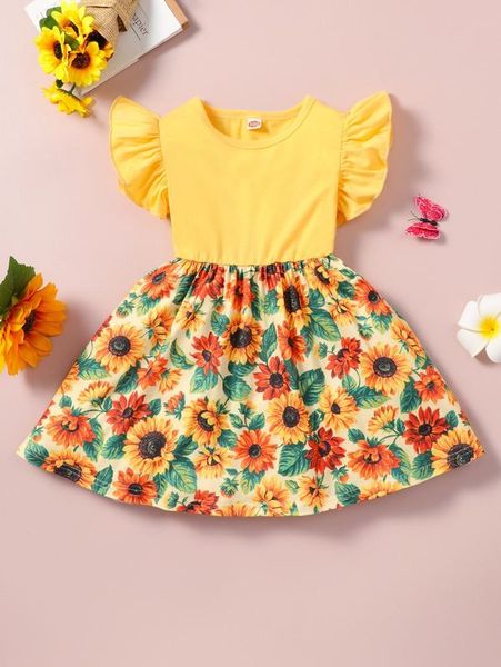

toddler girls sunflower print flutter sleeve dress she, Red;yellow