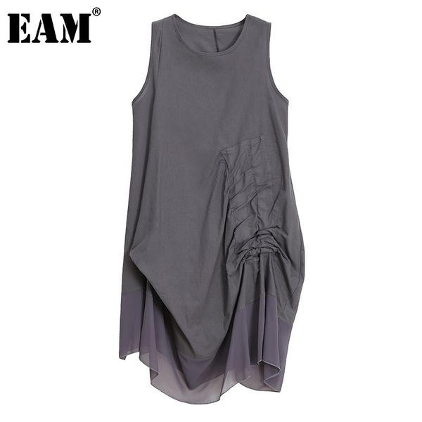 

[eam] women gray irregular shirring ruffle dress round neck sleeveless loose fit fashion spring summer 1dd8161 210512, Black;gray