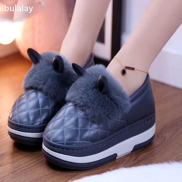 

winter pu bag with thick cotton drag women plush home shoes fashion waterproof leather warm slippers, Black