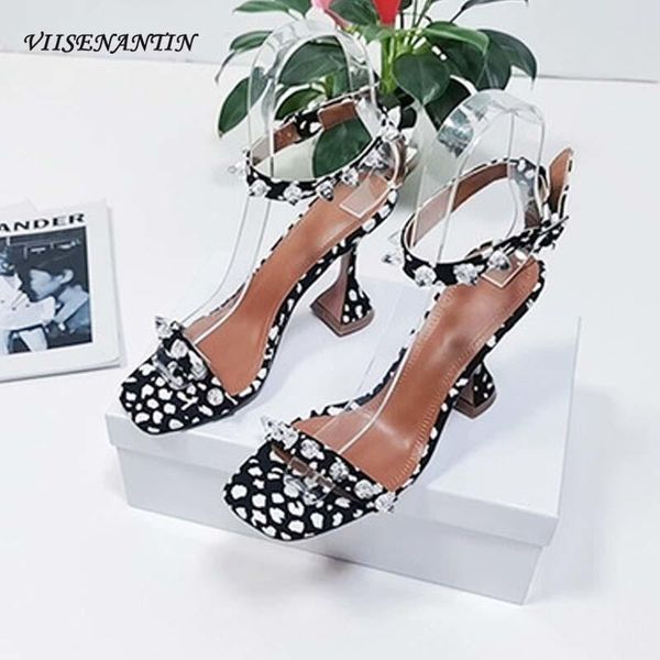 

sandals fashion square toe high heels transparent rhinestone wine glass with a word buckle temperament heel, Black