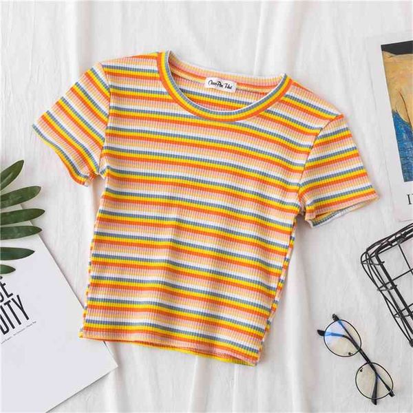 

t shirt women rainbow striped slim fit t shirt harajuku tshirt summer short sleeve korean t-shirt feminina clothes 210607, White
