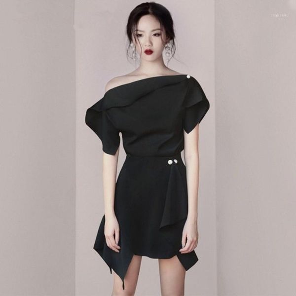 

summer women runway 2 pcs set fashion black ruffles off shoulder shirt + beading irregular skirts women's two piece pants, White