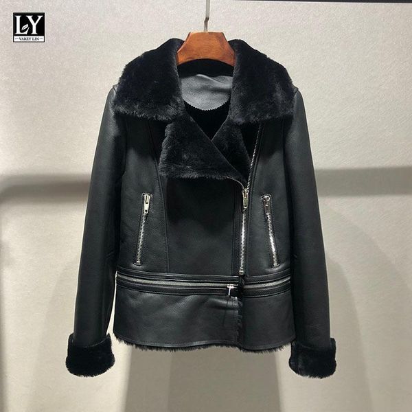 

women's leather & faux ly varey lin winter women motorcycle zipper hem detachable outerwear thicken lamb fur jackets sheepskin coats, Black