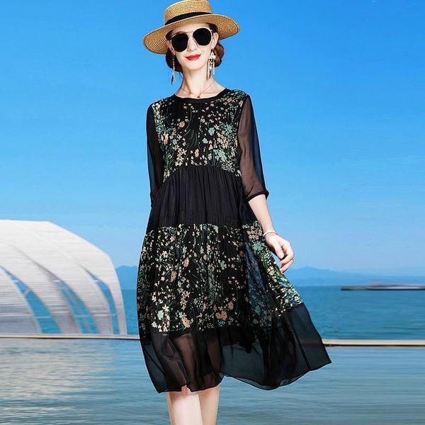 

summer women fashion casual dresses lady faux silk floral print patchwork dress elegant a-line boho long vestidos b25, Black;gray