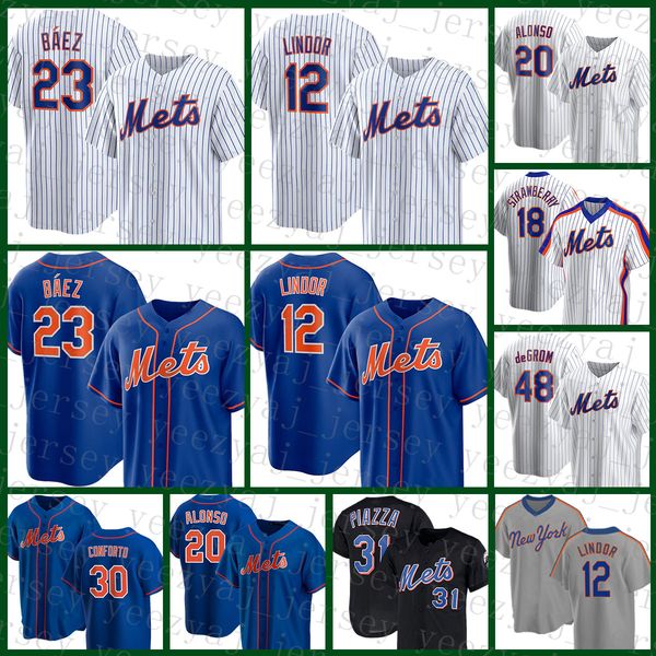 

23 javier bÃ¡ez new mens york met baseball jersey 12 francisco lindor 20 pete alonso 48 jacob degrom 18 darryl strawberry 31 mike piazza 39 e, Blue;black