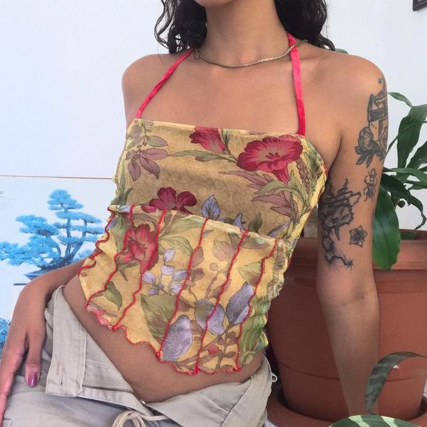 

women's tanks & camis mesh floral print women camisole girls backless sleeveless bandage tank casual slim vintage summer crop top, White