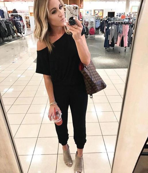 

women's jumpsuits & rompers spring and summer fashion women slant shoulder casual pocket jumpsuit short sleeve solid bodysuits, Black;white