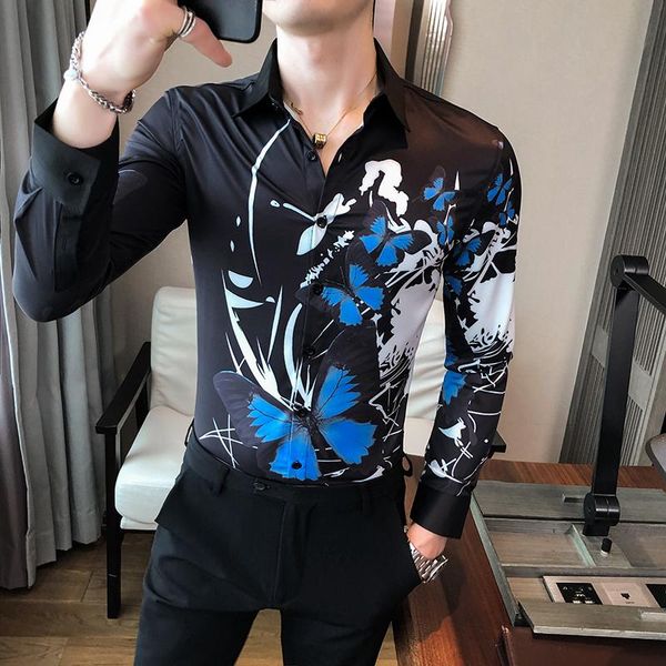Schwarz/Weißes Blumenhemd Herrenkleidung 2021 Britischer Stil Nachtclub Slim Fit Langarm Lässige Digitaldruckbluse Smokingkleid Herrenhemd