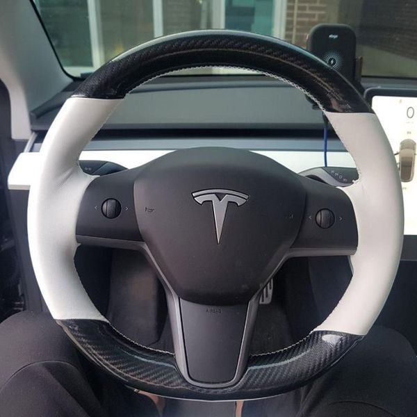 Neues Muster 5D Black Carbon FiberWhite PU Leder Lenkrad Handnähen Wrap Cover Fit für Tesla Model 3 2017-2019