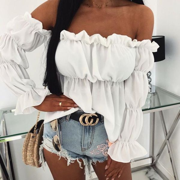

summer off shoulder long sleeved women blouses lace frill ruched pullover korean style fashion solid color lady shirts, White