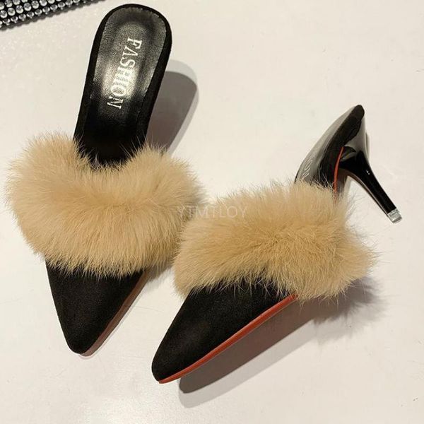

slippers casual shoes woman fur flip flops cover toe luxury plush flock thin heels zapatillas mujer casa slides, Black