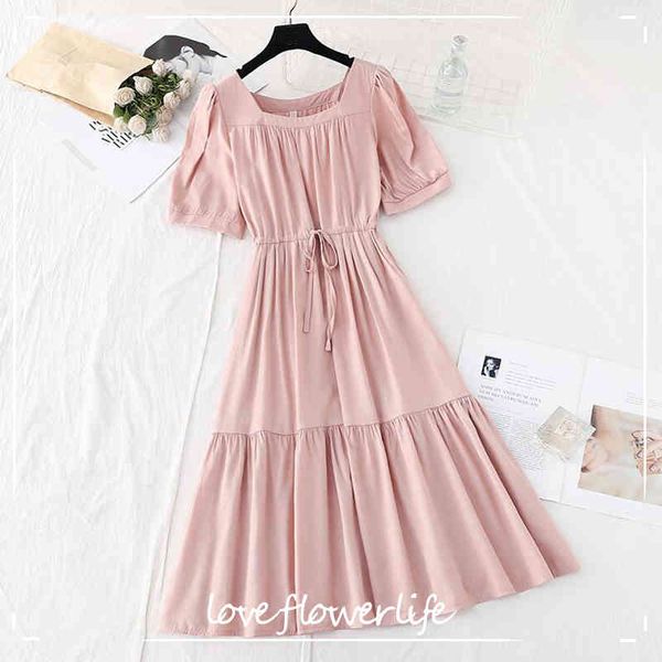 

cotton linen dress women summer sashes waist casual square neck short sleeve mid-calf ruffles dress vintage vestidos 210521, Black;gray