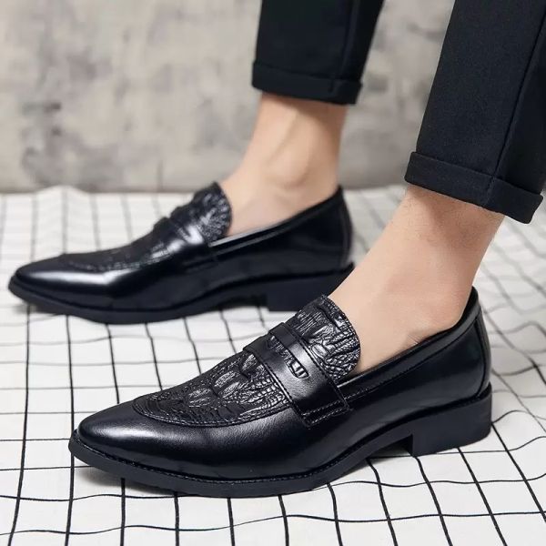 Ponto padrão de crocodilo formal apontado preto marrom casual oxford sapatos para homens casamento vestido de baile homecoming sapato social masculino