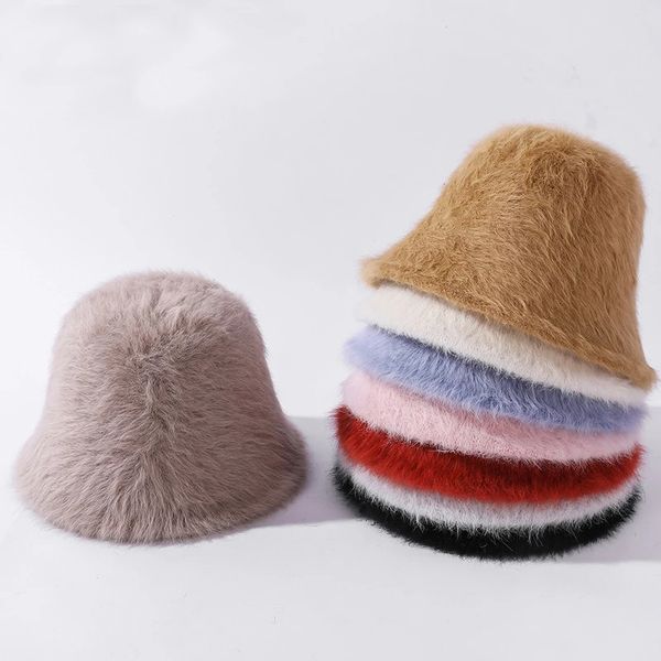 

2021 winter women fashion solid color rabbit fur bucket hat warm fisherman hat retro knitted soft wool basin hat, Blue;gray