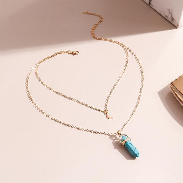

pendant necklaces natural stone crystal silver color double moon hexagonal column for charms women jewelry accessories