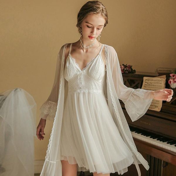 

women's sleepwear summer lace sling fairy princess wind nightdress ice silk wave side nightgown two-piece home clothes robe transparent, Black;red