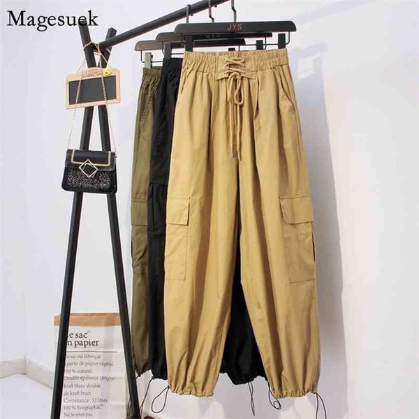 

autumn high waist harem pants women casual all-match streetwear cargo beam elastic strap trousers overall 10661 210512, Black;white