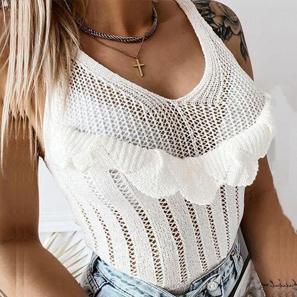 

women's blouses & shirts summer elegant v-neck hollow out ruffle shirt blouse lady 2021 fashion casual blusa women sleeveless slim vest, White