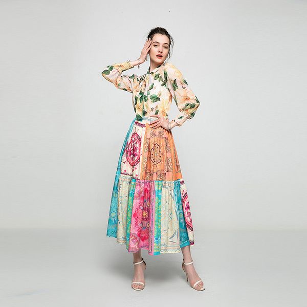 

two piece dress runway designers spring clothes elegant lady bow flower collar impression chiffon shirt and skirt vintage sets mp98, White