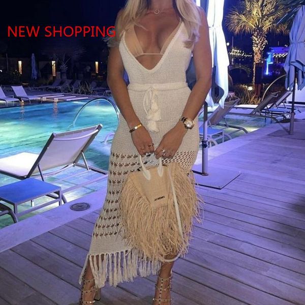 

women's swimwear women beach dresses summer long dress white backless deep v-neck crochet 2021 sundress beachwear cover up s-3xl, White;black