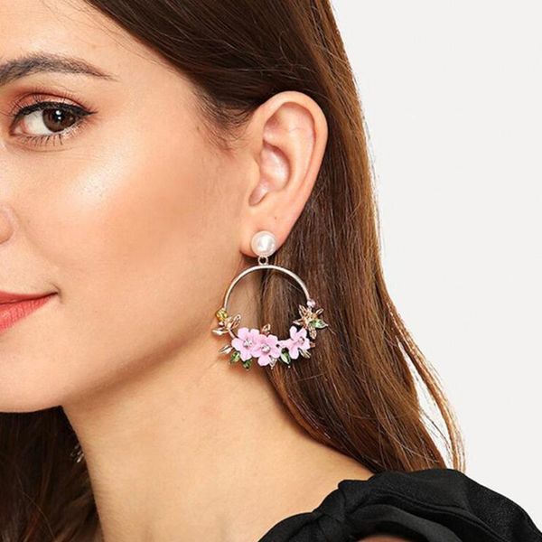 

hoop & huggie flower earrings ins colored soft clay cherry blossom ring lace pearl birthday gift wild dinner jewelry, Golden;silver