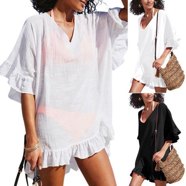 

women's swimwear v neck ruffles cover ups women short sleeve loose beach cover-up plus size wear, White;black