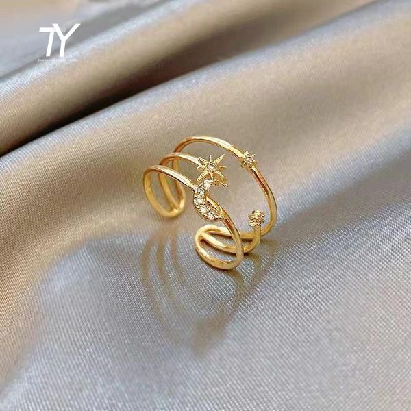 

cluster rings french romantic three-tier golden star moon open for woman korean fashion jewelry wedding girls elegant luxury accessories, Golden;silver