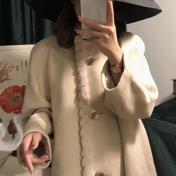 

women's & faux leather winter white woolen women stitching fur collar coat female retro elegant overcoat office lady fashion1 knx7, Black