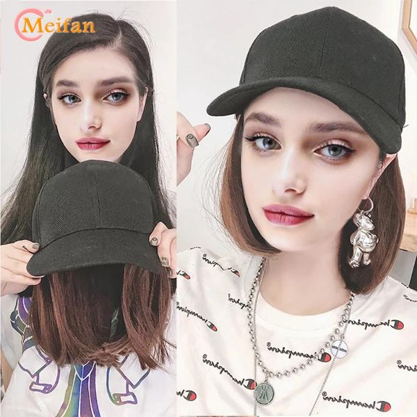 

synthetic wigs meifan short bob baseball cap wig with straight hair heat resistant fiber seamless connection hat for women, Black