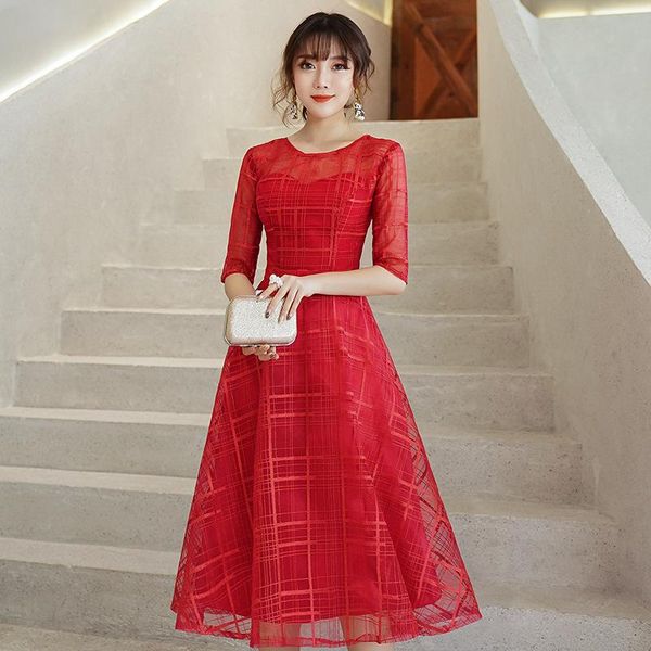 

plaid women prom a-line dresses elegant bride wedding party mid-length lace skirt half sleeve formal banquet gown oversize 3xl ethnic clothi, Red
