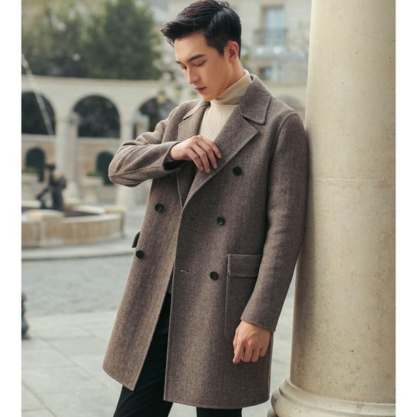 

men's wool coat 2021 long woolen jacket men double breasted korean casual mens overcoats abrigos hombre y17895 kj4300 & blends, Black
