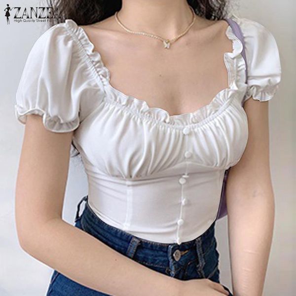 

women's blouses & shirts 2021 stylish short sleeve ruffles solid blouse zanzea women summer casual slim blusas tunic femininas club sh, White