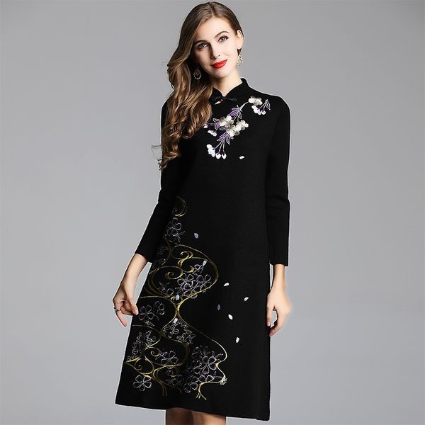 

new arrive 2021 traditional winter clothing knitted cheongsam warm improved womens elegant long sleeve chinese dress qipao 11627, Red